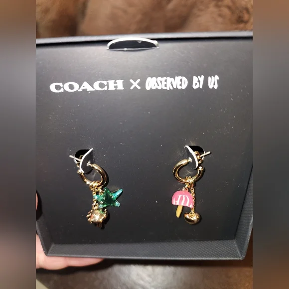 Coach X Observed By Us Gold Hoop Mushroom Heart Stsr Charm Earrings New In Box